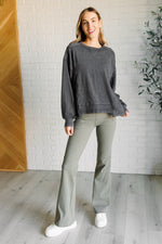 Hazel Blues® |  Building Habits Twill Flared Crossover Waist Pant in Dusty Olive