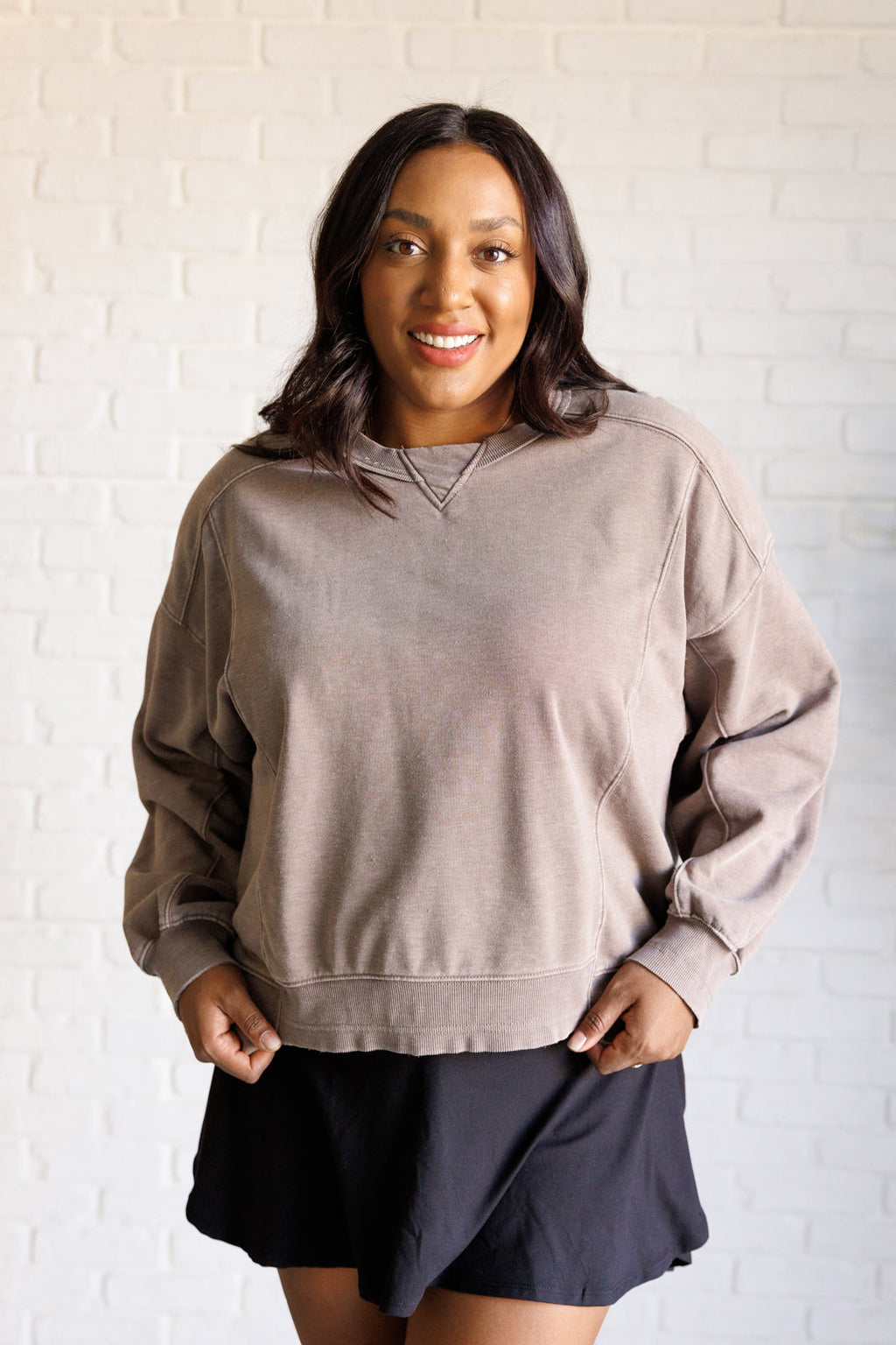 Hazel Blues® |  Quick Fix Mineral Wash Crew Neck Pullover in Mocha