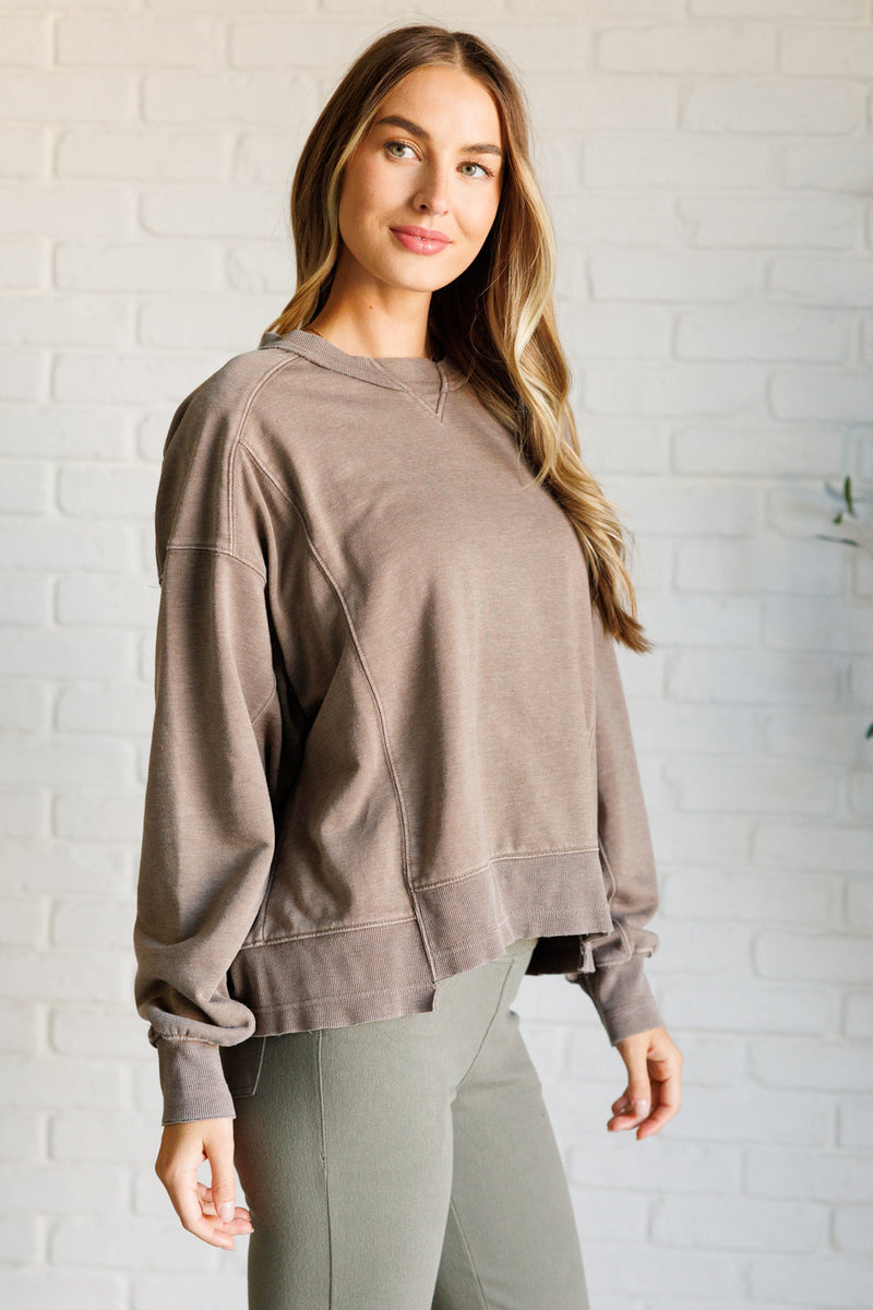 Hazel Blues® |  Quick Fix Mineral Wash Crew Neck Pullover in Mocha