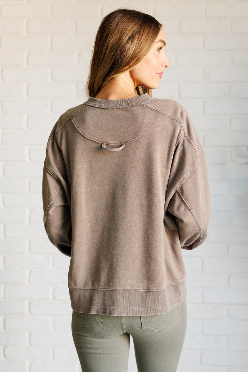 Hazel Blues® |  Quick Fix Mineral Wash Crew Neck Pullover in Mocha