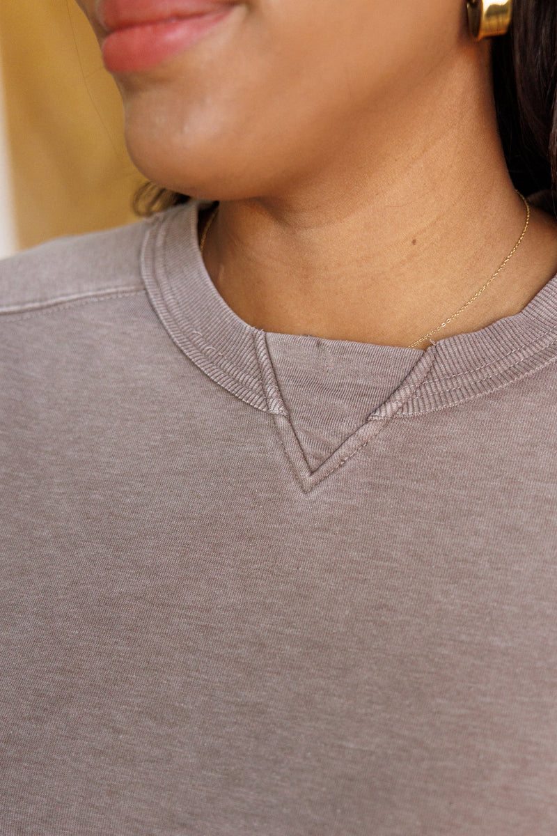 Hazel Blues® |  Quick Fix Mineral Wash Crew Neck Pullover in Mocha