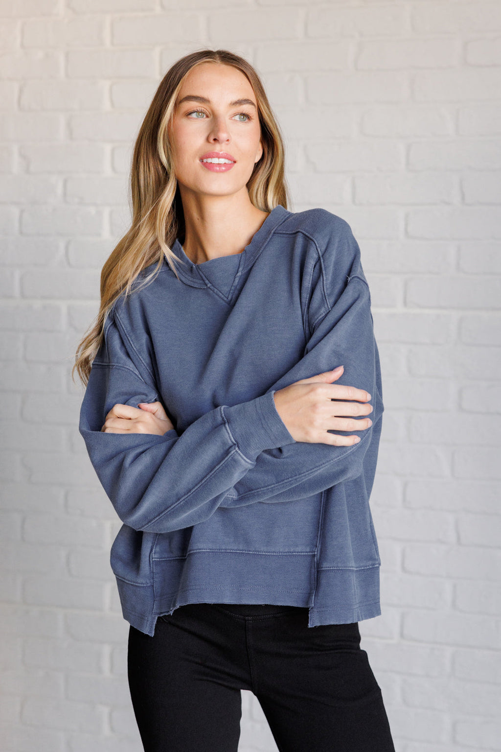 Hazel Blues® |  Quick Fix Mineral Wash Crew Neck Pullover in Psychic