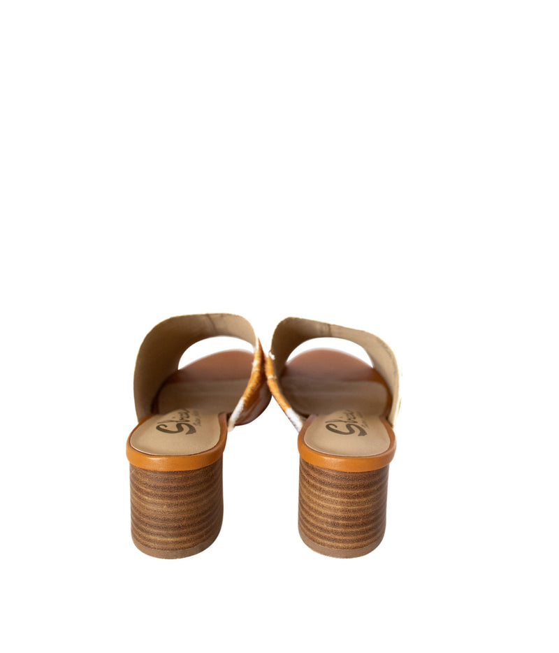 Hazel Blues® |  Richwood Peeptoe Tan and White Cowhide Slide