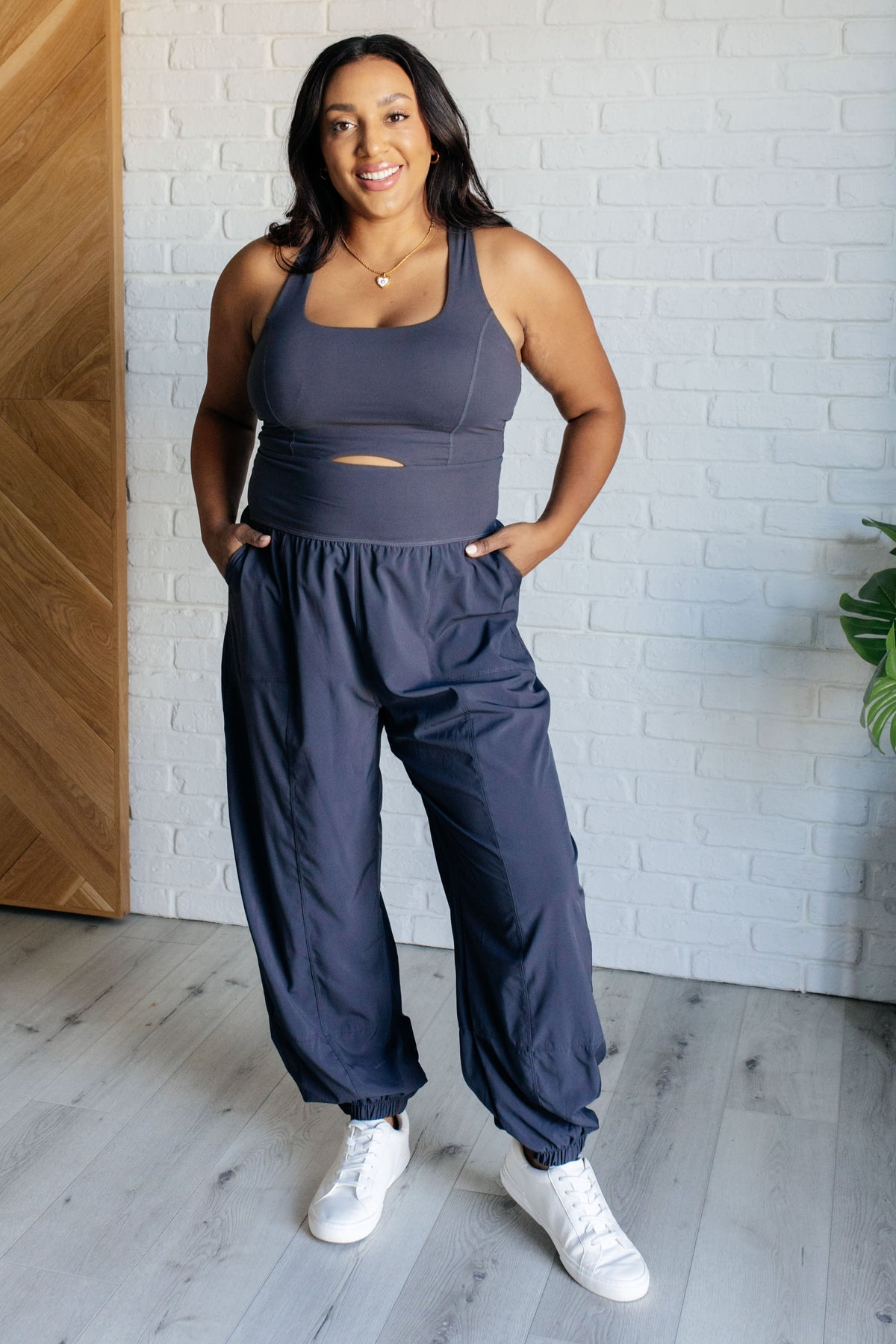 Hazel Blues® |  Raising Heart Rate Cutout Jumpsuit in Charcoal