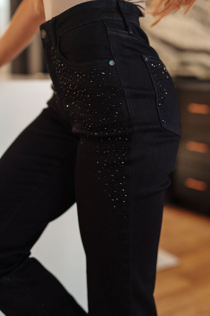 Hazel Blues® |  Reese Rhinestone Slim Fit Jeans in Black