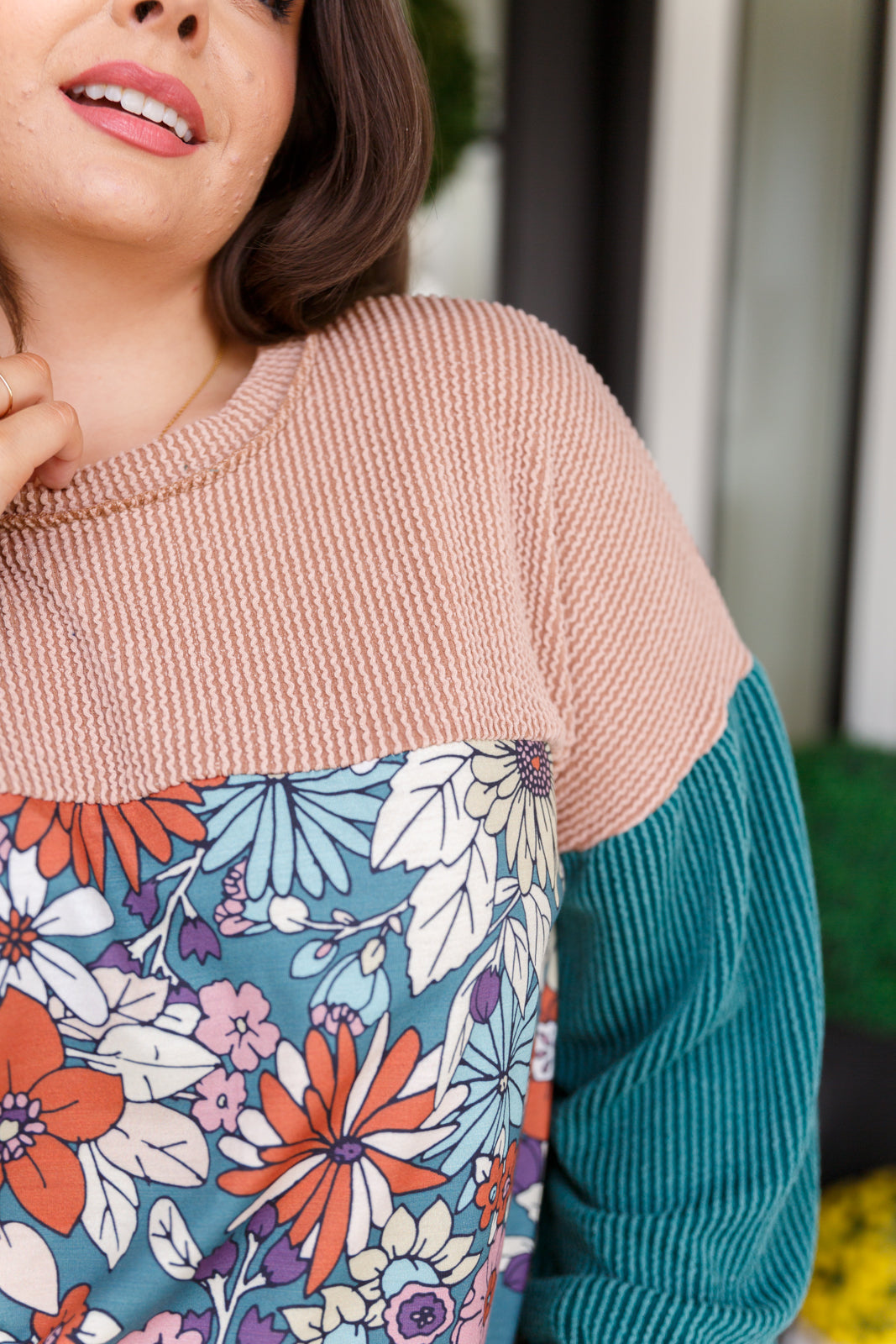 Hazel Blues® |  Retro and Ribbed Floral Color Block Top