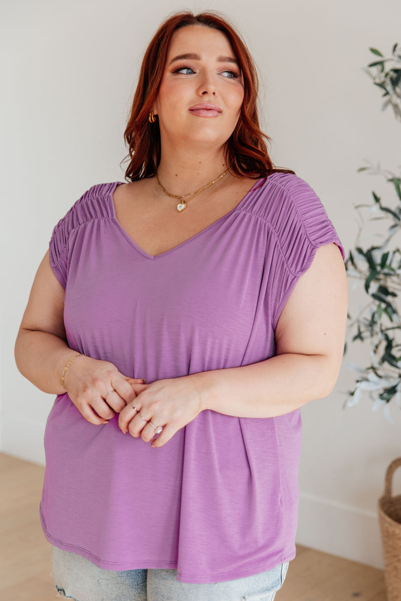 Hazel Blues® |  Ruched Cap Sleeve Top in Lavender