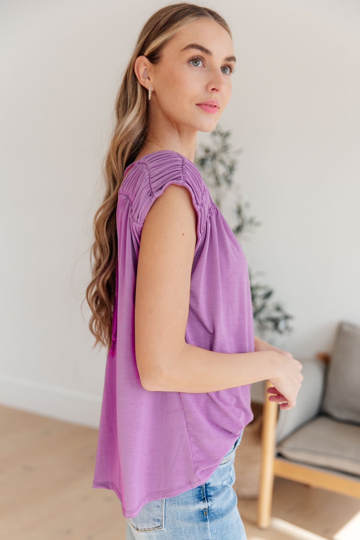 Hazel Blues® |  Ruched Cap Sleeve Top in Lavender