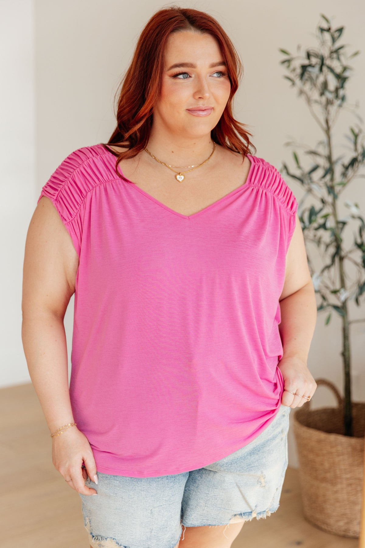 Hazel Blues® |  Ruched Cap Sleeve Top in Magenta