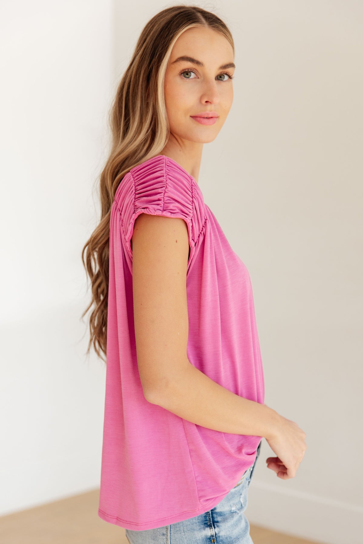 Hazel Blues® |  Ruched Cap Sleeve Top in Magenta