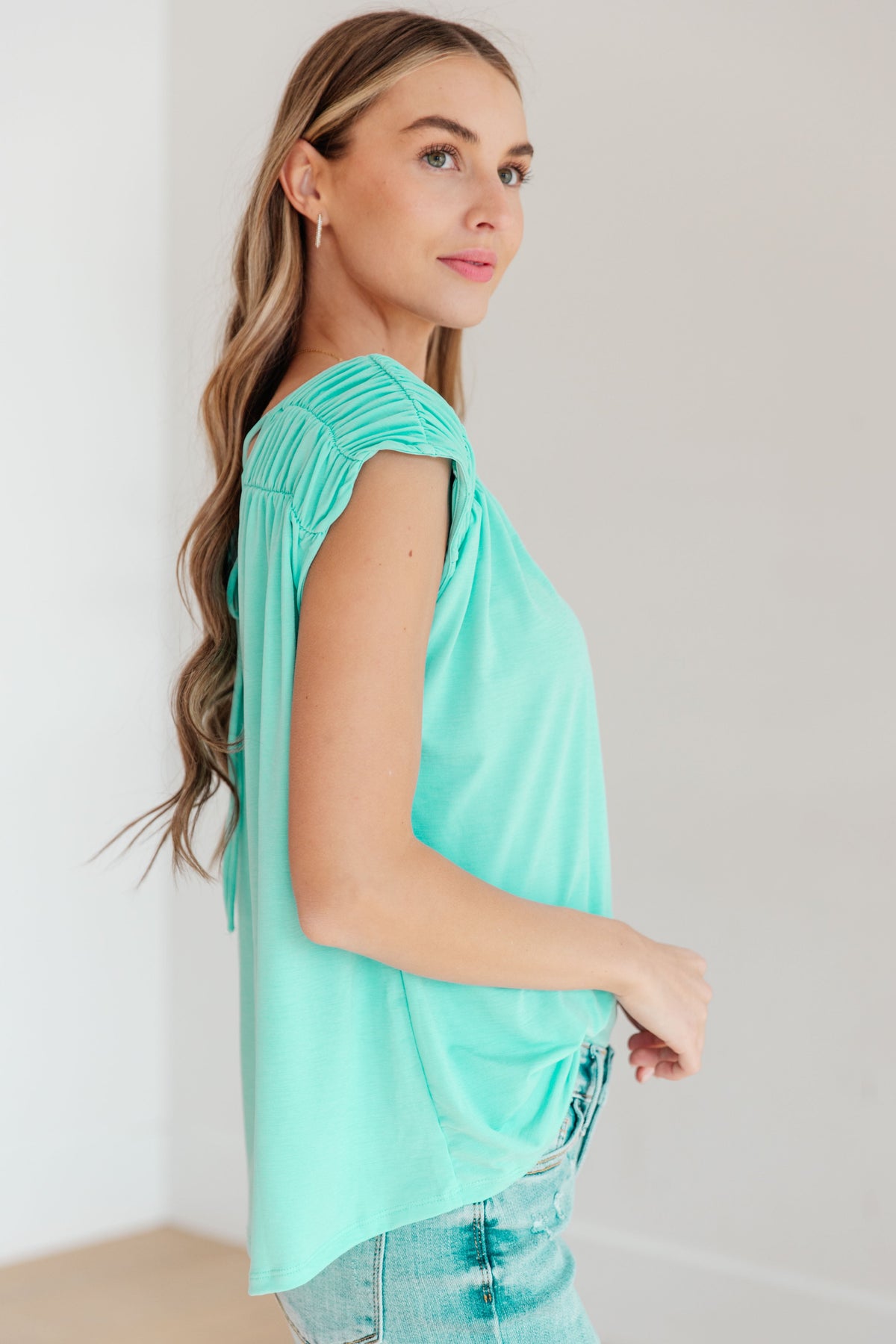 Hazel Blues® |  Ruched Cap Sleeve Top in Neon Blue