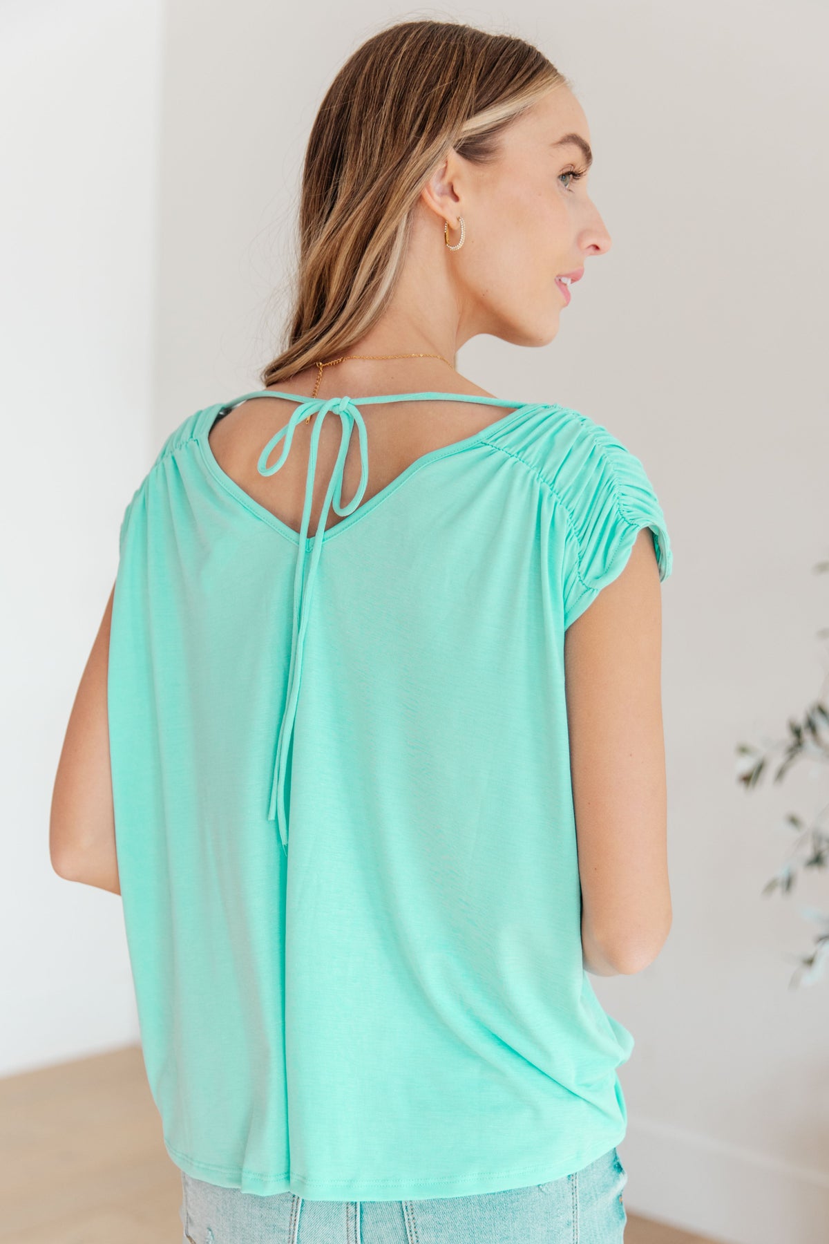 Hazel Blues® |  Ruched Cap Sleeve Top in Neon Blue