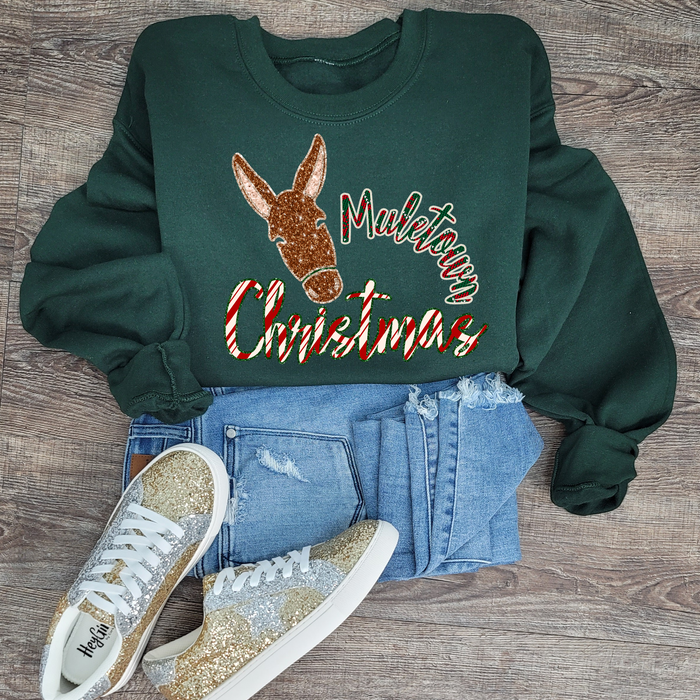 Hazel Blues® |  Muletown Christmas Faux Glitter Graphic Sweatshirt