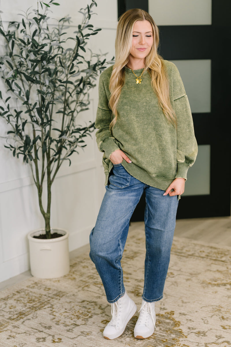 Hazel Blues® |  Safe and Secure Mineral Wash Pullover in Light Olive