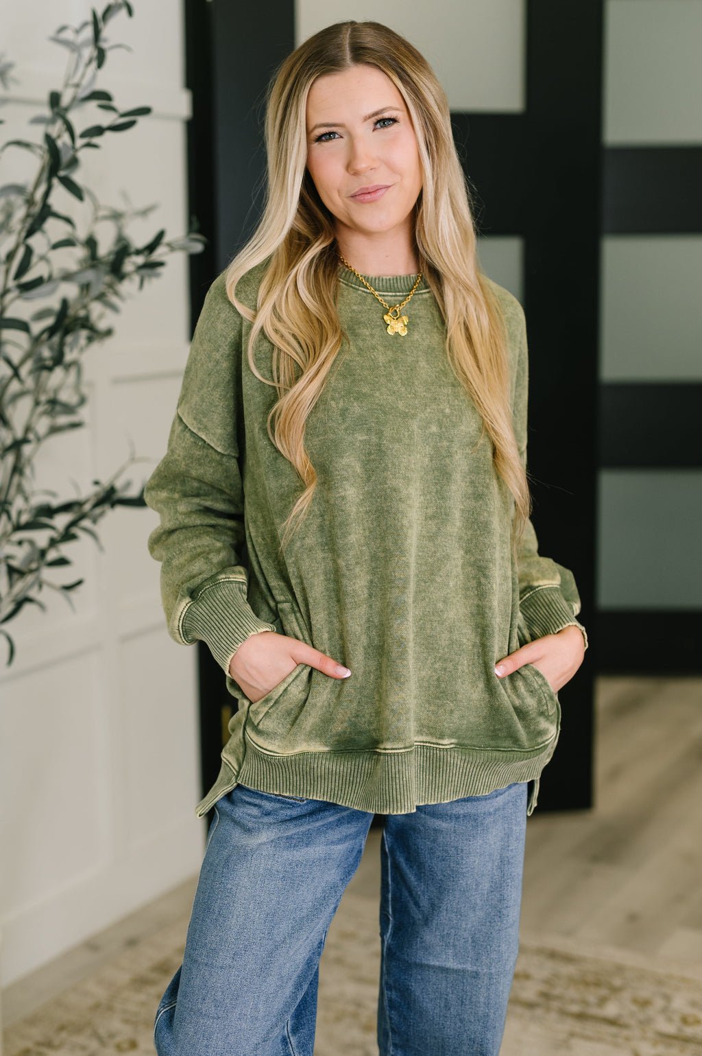 Hazel Blues® |  Safe and Secure Mineral Wash Pullover in Light Olive