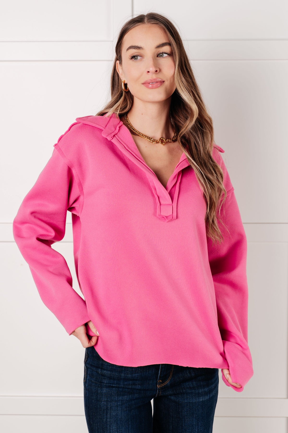 Hazel Blues® |  Same Ol' Situation Collared Pullover in Hot Pink