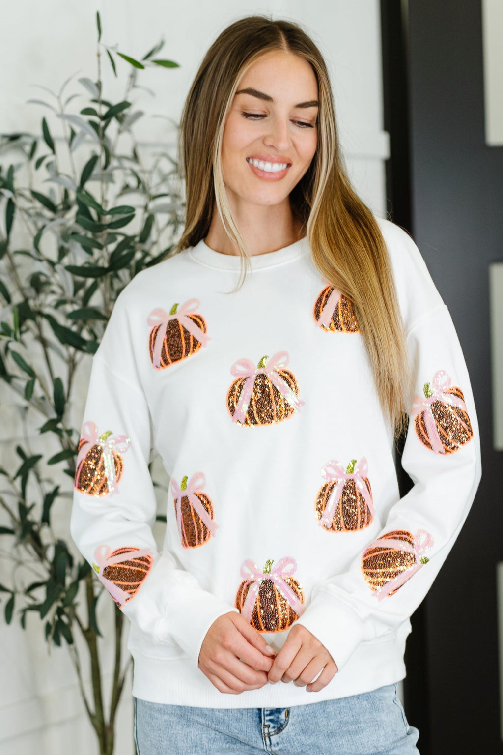 Hazel Blues® |  PREORDER: Sequin Pumpkin Bow Pullover