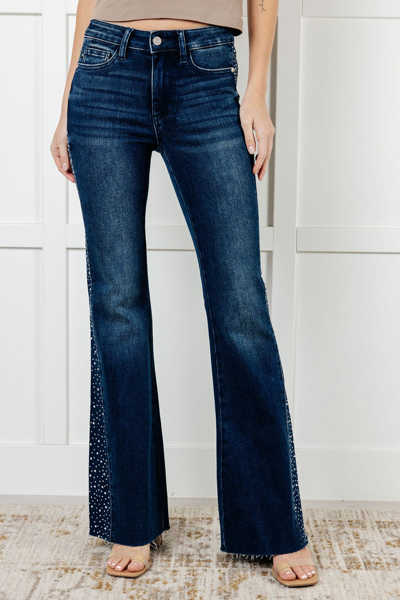 Hazel Blues® |  Shannon Mid Rise Rhinestone Detail Flare Jeans