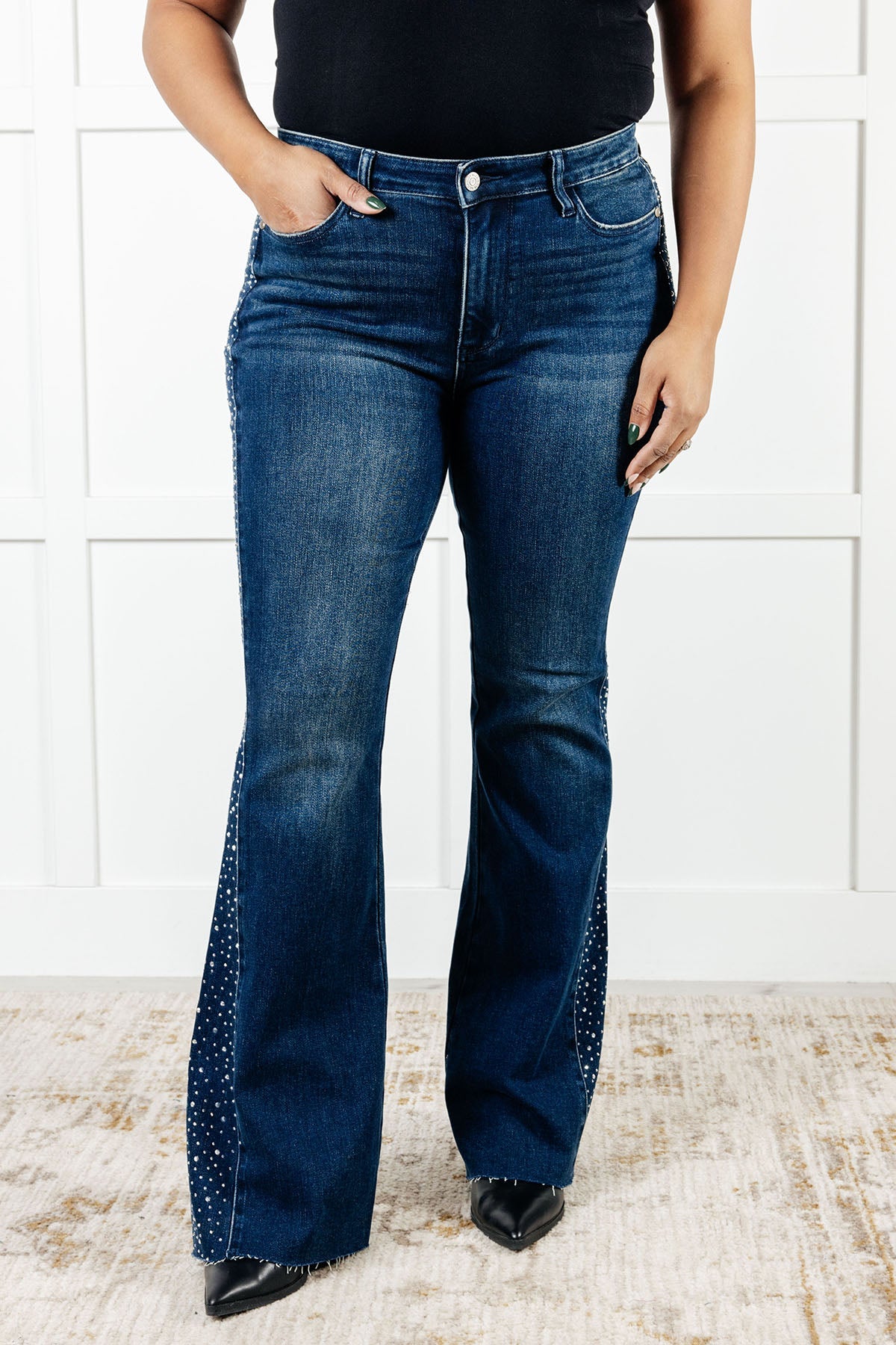 Hazel Blues® |  Shannon Mid Rise Rhinestone Detail Flare Jeans