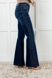 Hazel Blues® |  Shannon Mid Rise Rhinestone Detail Flare Jeans