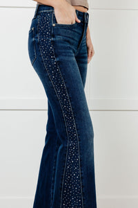 Hazel Blues® |  Shannon Mid Rise Rhinestone Detail Flare Jeans