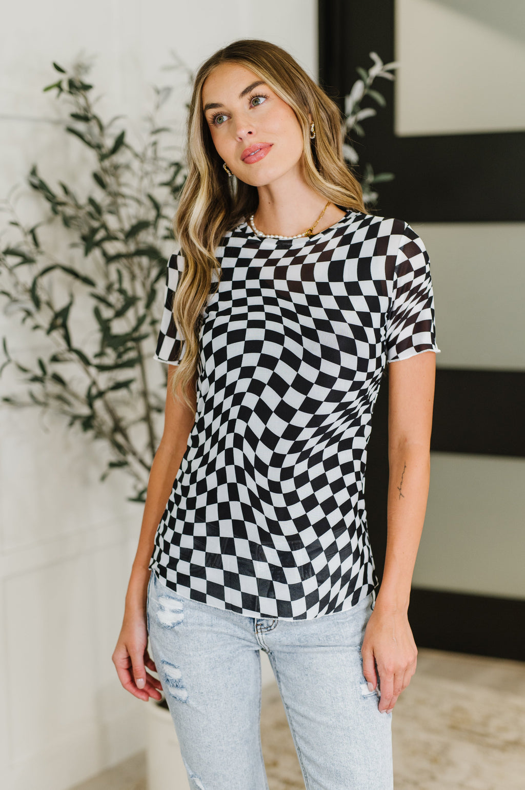 Hazel Blues® |  PREORDER: Sheer Checkered Layering Short Sleeve Top
