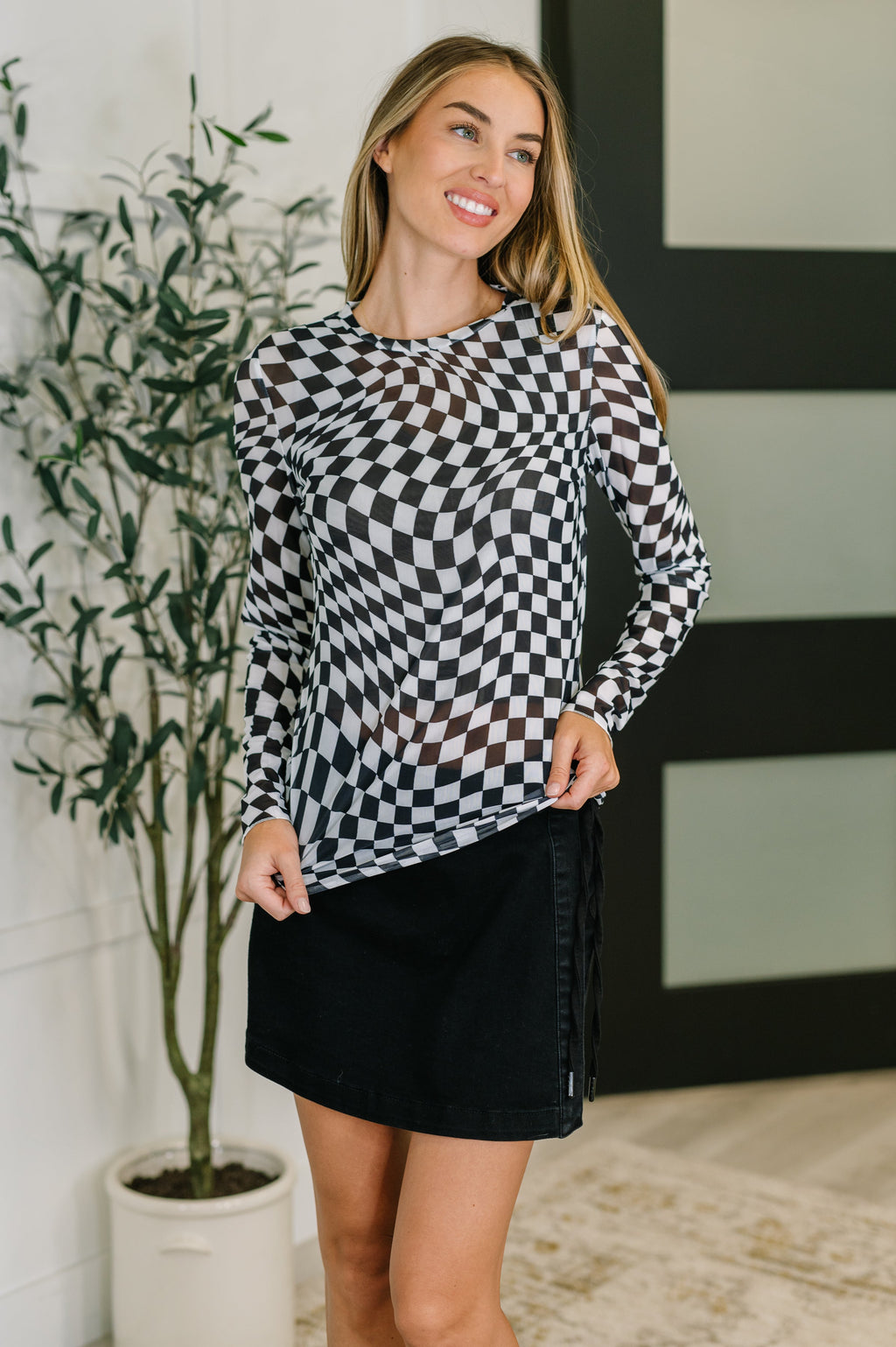 Hazel Blues® |  PREORDER: Sheer Long Sleeve Checkered Layering Top in Three Colors