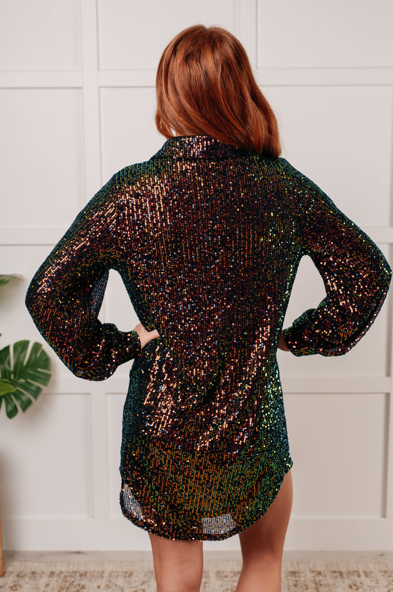 sequin long sleeve shirt dress Sequin Long Sleeve Shirt Collar Gown With Slit 42706
