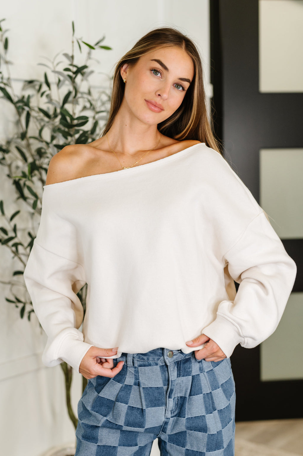 Hazel Blues® |  Side Hustle Off Shoulder Long Sleeve Top in Bone