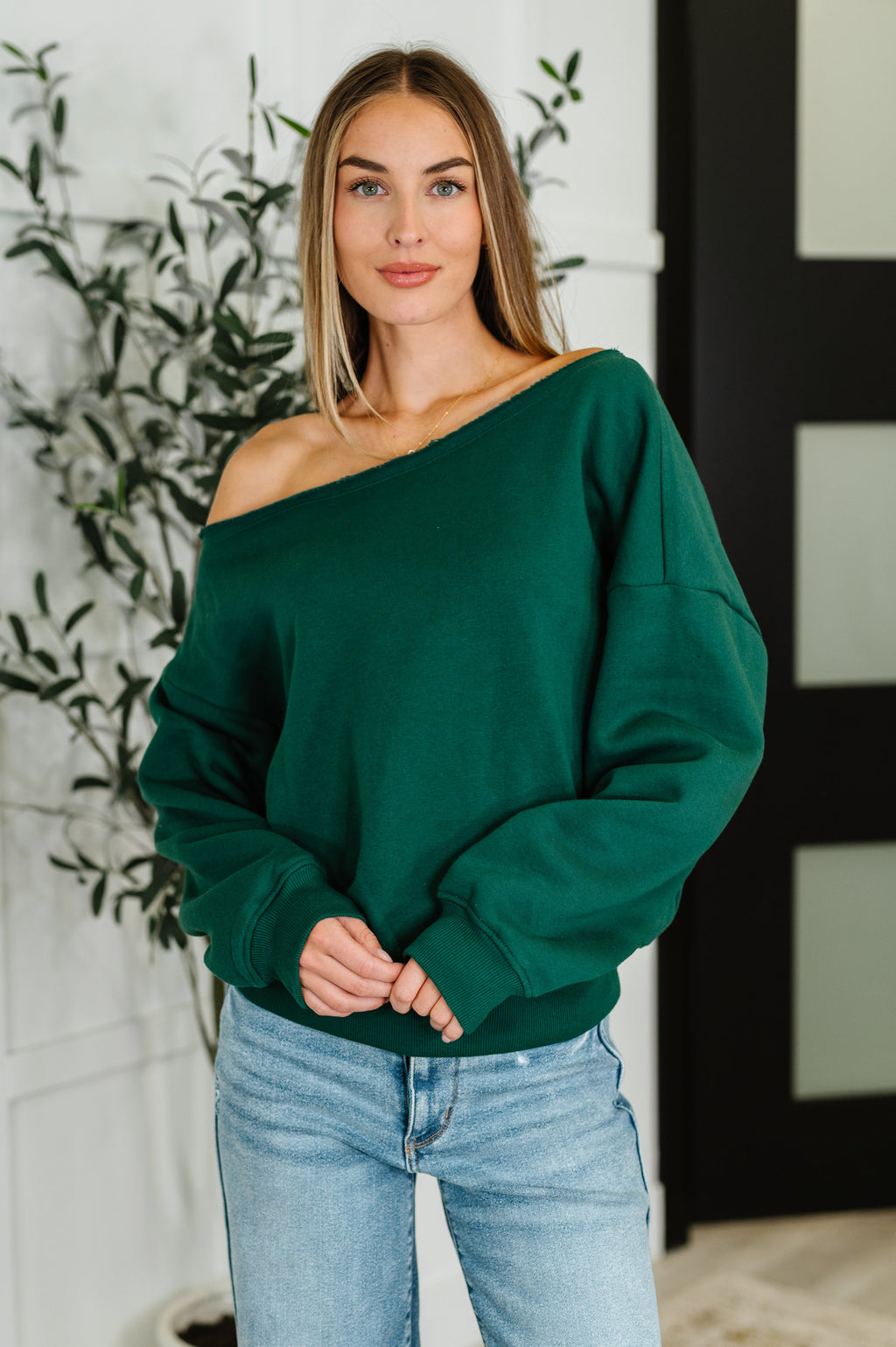 Hazel Blues® |  Side Hustle Off Shoulder Long Sleeve Top in  Hunter Green