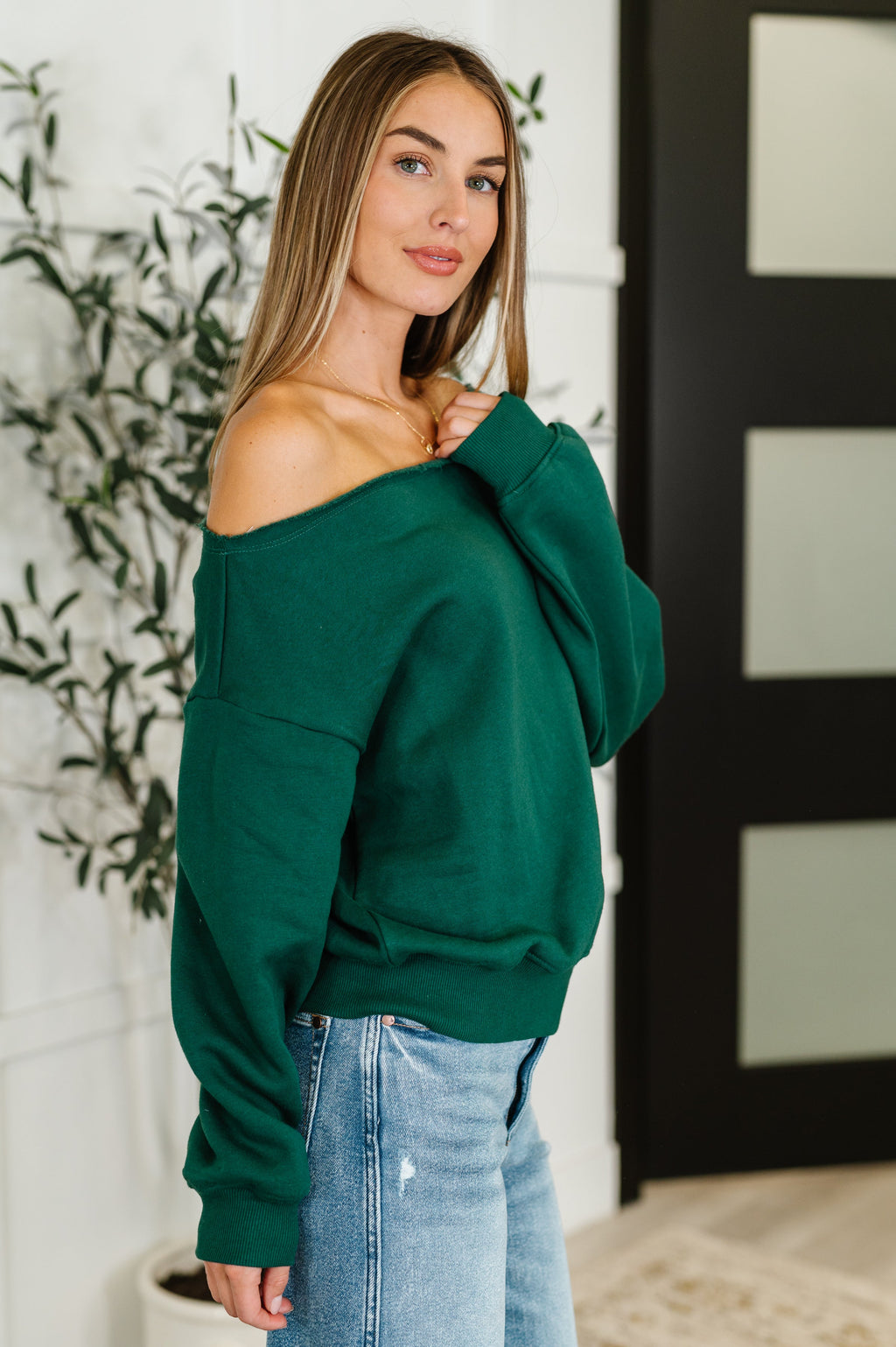 Hazel Blues® |  Side Hustle Off Shoulder Long Sleeve Top in  Hunter Green