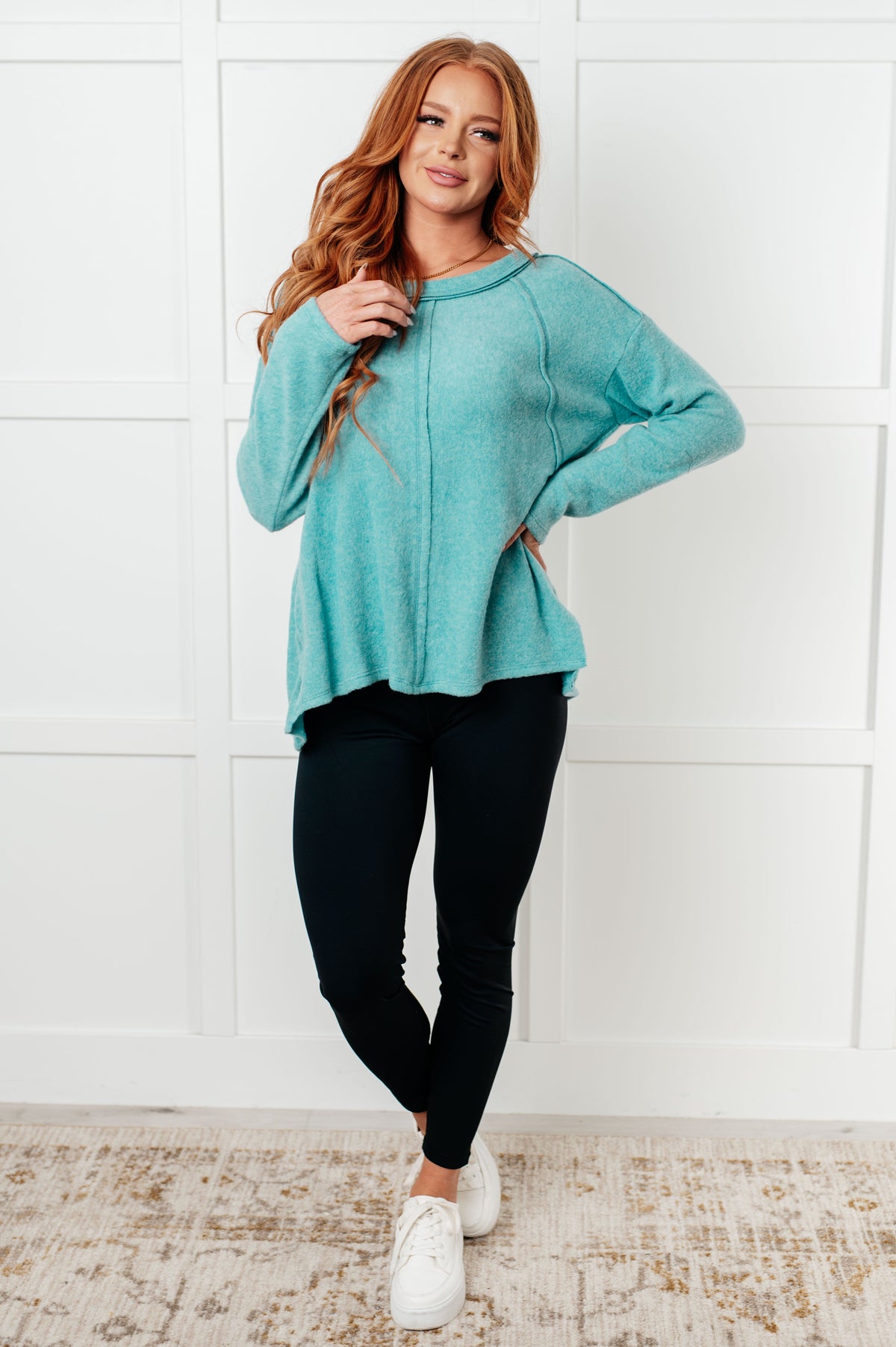 Hazel Blues® |  Simple Silhouette Brushed Hacci Sweater in Dusty Teal