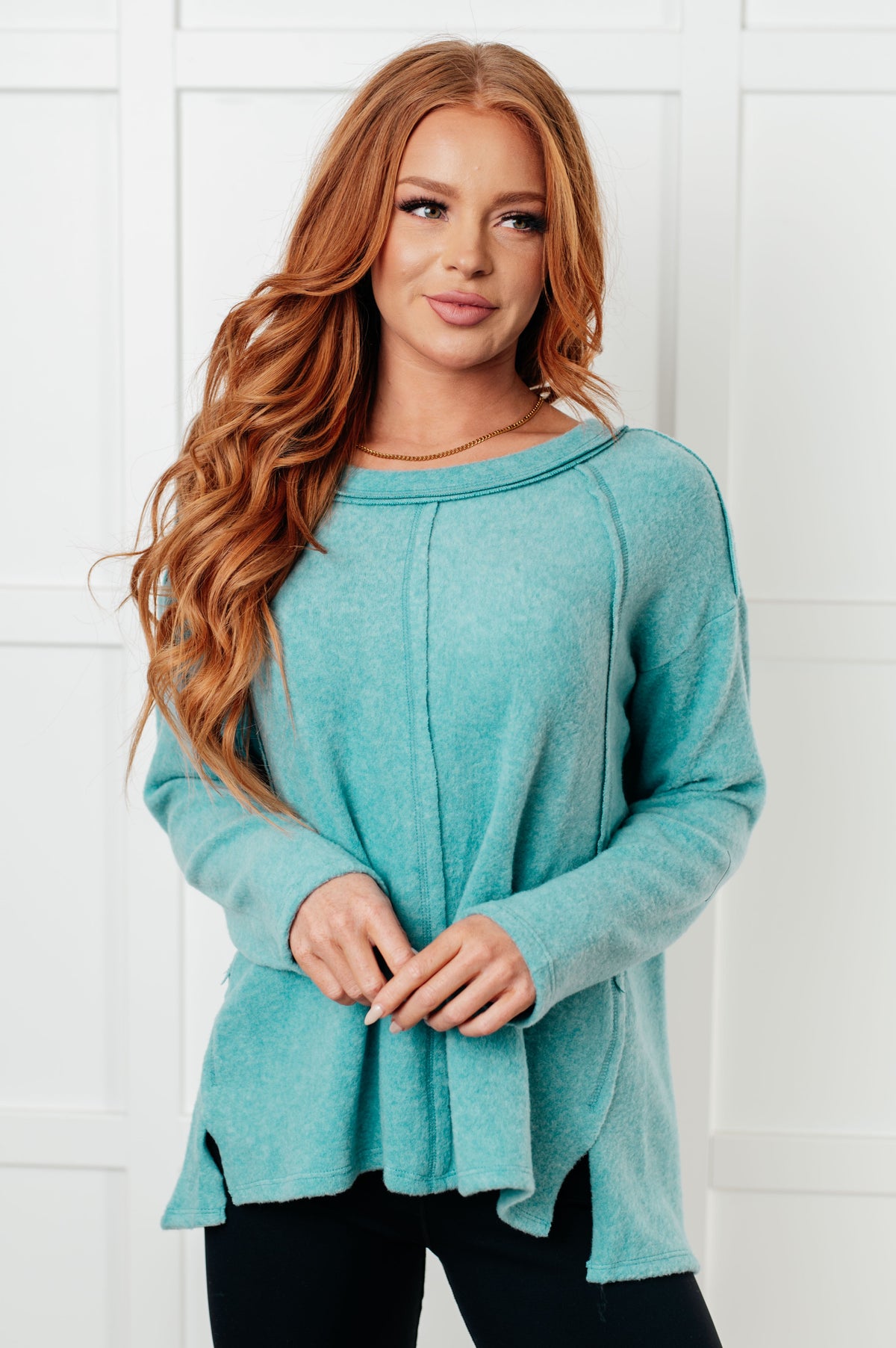 Hazel Blues® |  Simple Silhouette Brushed Hacci Sweater in Dusty Teal