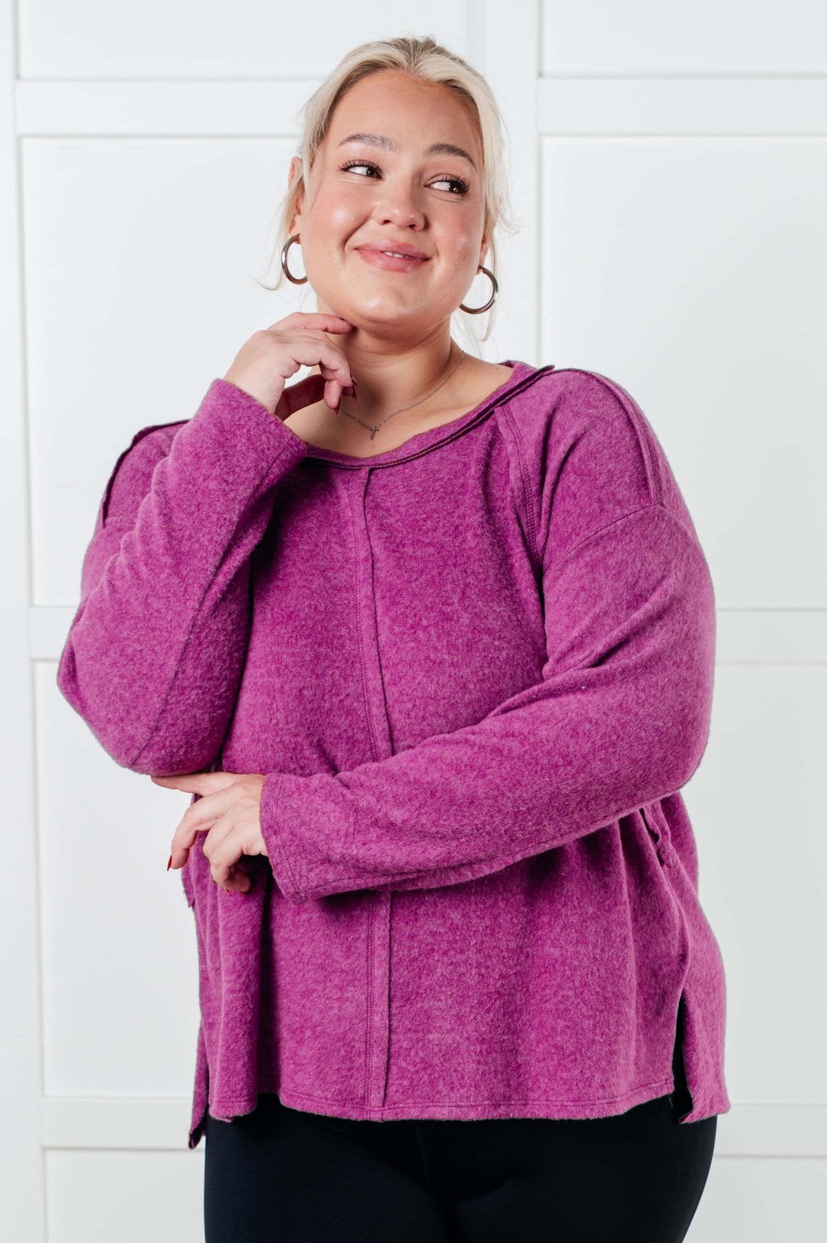 Hazel Blues® |  Simple Silhouette Brushed Hacci Sweater in Light Plum