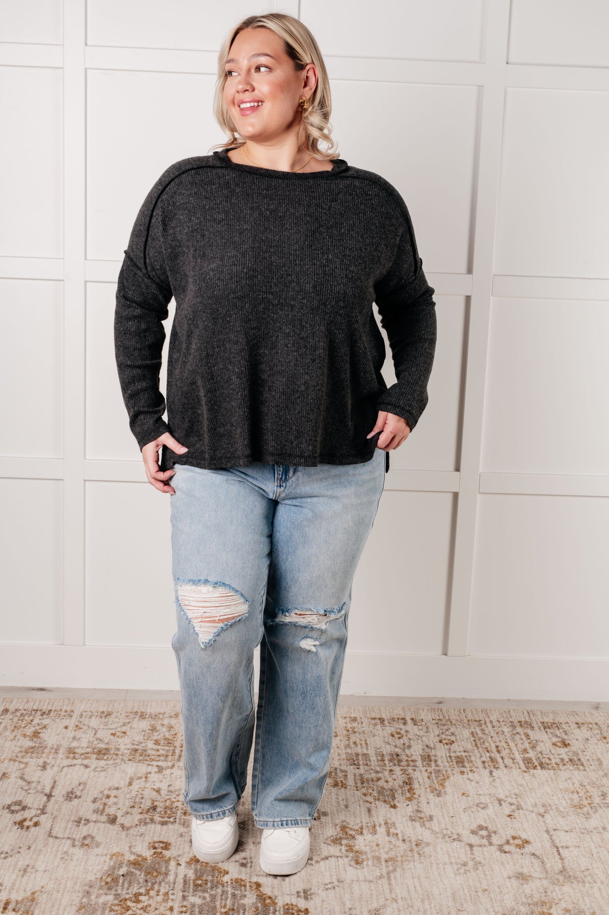 Hazel Blues® |  Simply Basic Ribbed Hacci Sweater in Black