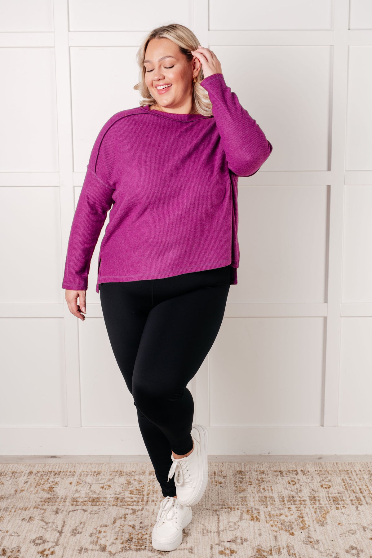 Hazel Blues® |  Simply Basic Ribbed Hacci Sweater in Light Plum