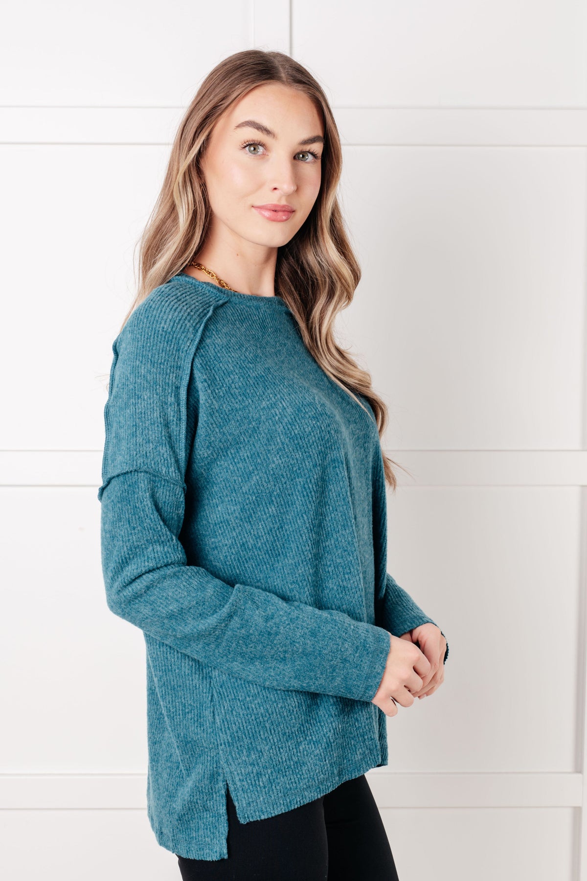 Hazel Blues® |  Simply Basic Ribbed Hacci Sweater in Teal