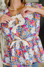 Hazel Blues® |  PREORDER: Sleeveless Bow Blouse in Pink and Orange Floral