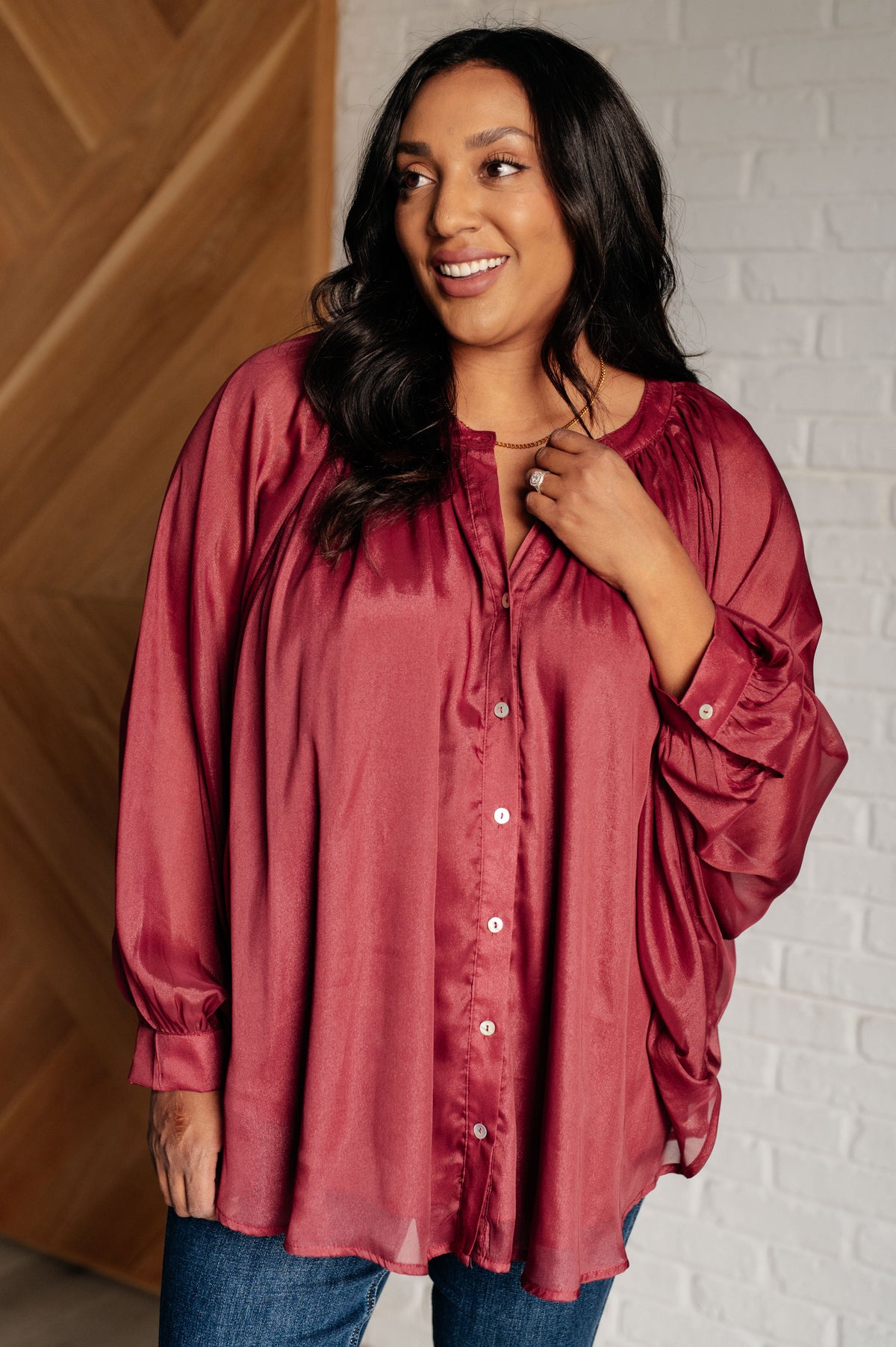 Hazel Blues® |  Smiles and Pouts Bat Sleeve Button Down