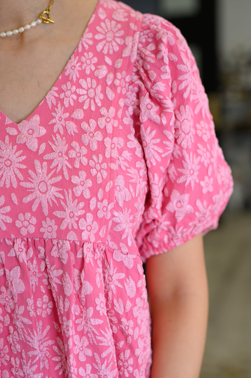 Hazel Blues® |  Softly Spoken Textured V-Neck Dress in Hot Pink
