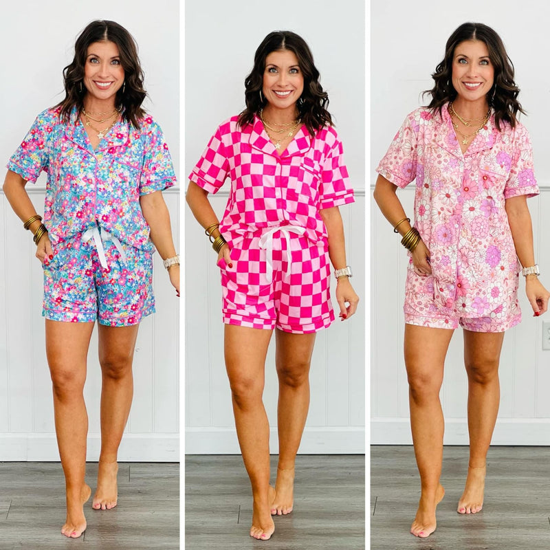 Hazel Blues® |  PREORDER: Button Front Pajama Short Set in Three Prints