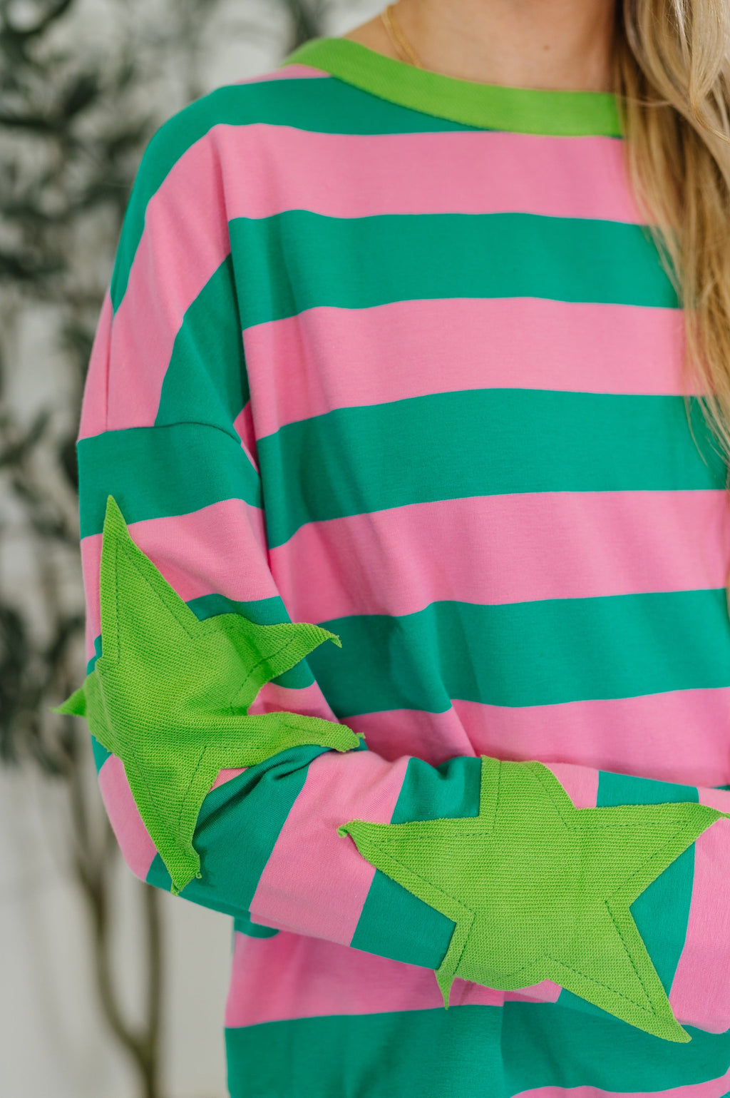 Hazel Blues® |  Stars On Stripes Patchwork Striped Sweatshirt