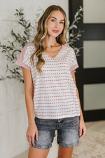 Hazel Blues® |  Stitched with Love V-Neck Top in Ivory and Red