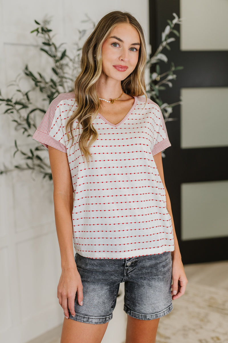Hazel Blues® |  Stitched with Love V-Neck Top in Ivory and Red