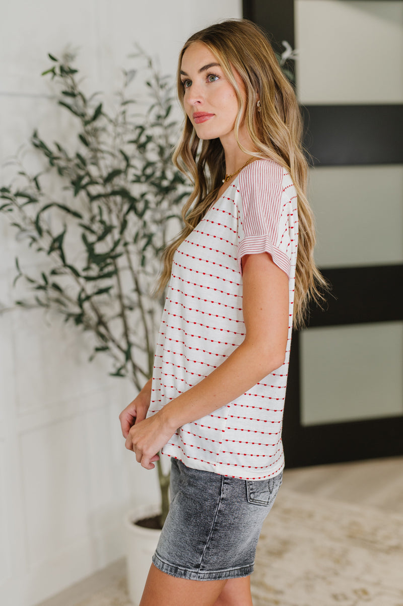 Hazel Blues® |  Stitched with Love V-Neck Top in Ivory and Red