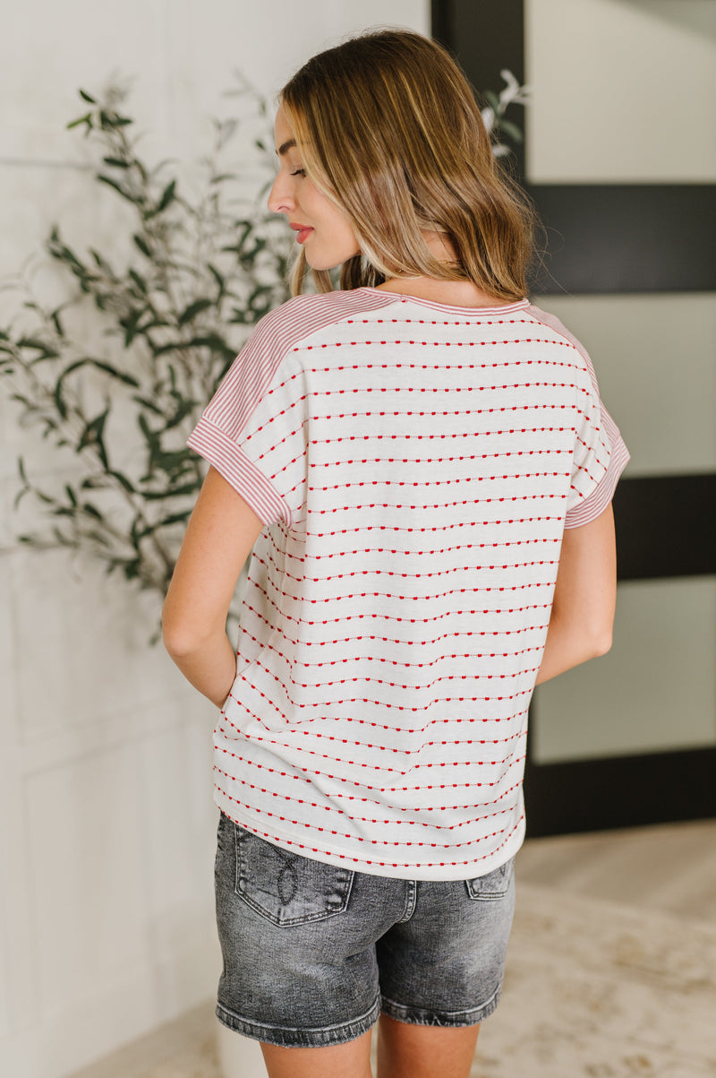 Hazel Blues® |  Stitched with Love V-Neck Top in Ivory and Red