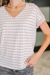 Hazel Blues® |  Stitched with Love V-Neck Top in Ivory and Red