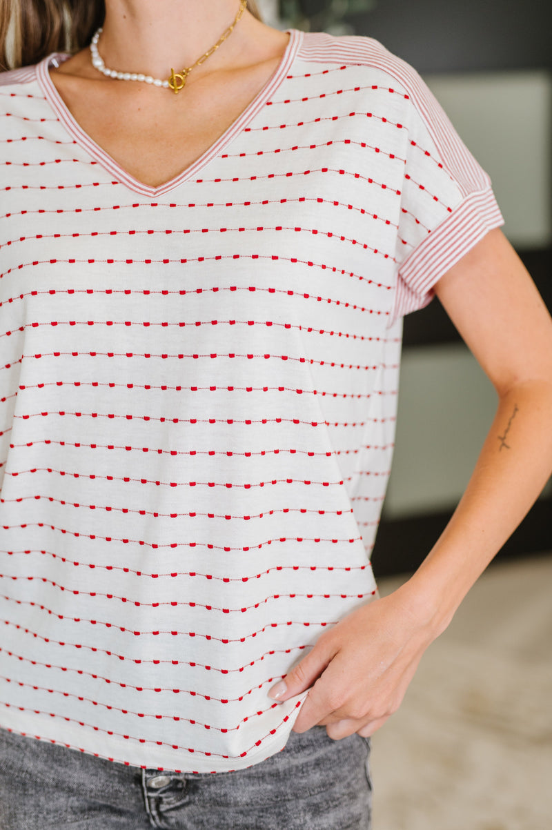 Hazel Blues® |  Stitched with Love V-Neck Top in Ivory and Red