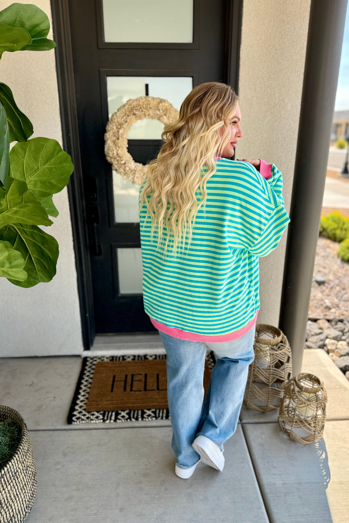 Hazel Blues® |  Best Selling Larson Contrast Pullover in Green/Blue