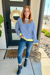 Hazel Blues® |  Best Selling Larson Contrast Pullover in Blue/White